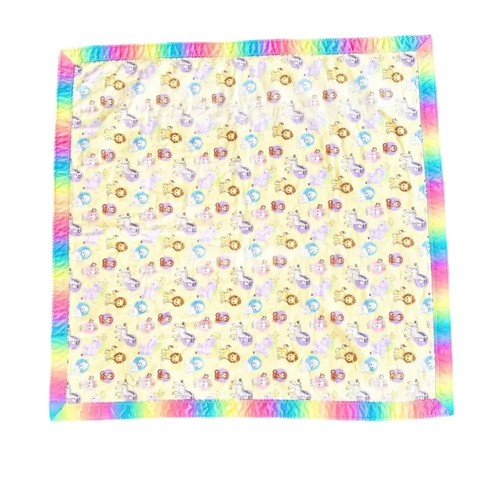 Vintage Handmade Precious Moments Animal Fleece Tie Dye Satin Trim Baby Blanket